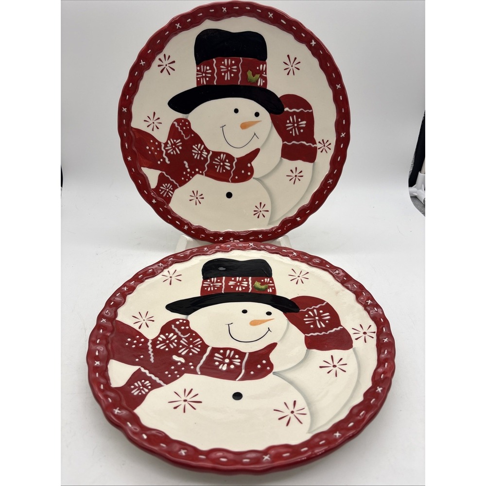 Set of 2 Pacific Rim Snowman Dinner Plates Winter Holiday Ceramic 10.5"